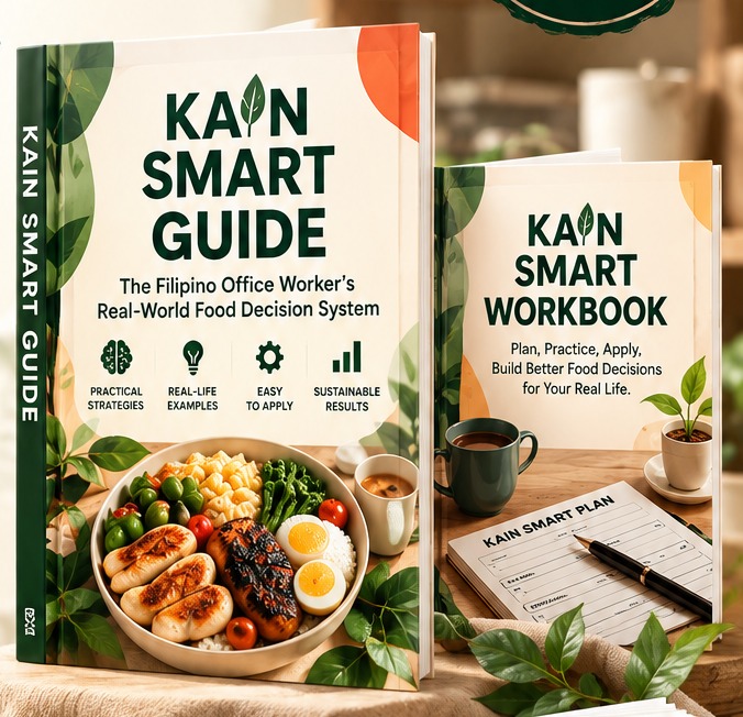 KAIN SMART Guide and Workbook product mockups featuring Filipino meals